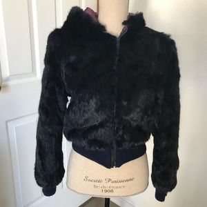80s Glam VTG Dark Blue Fur Hooded Bomber Jacket